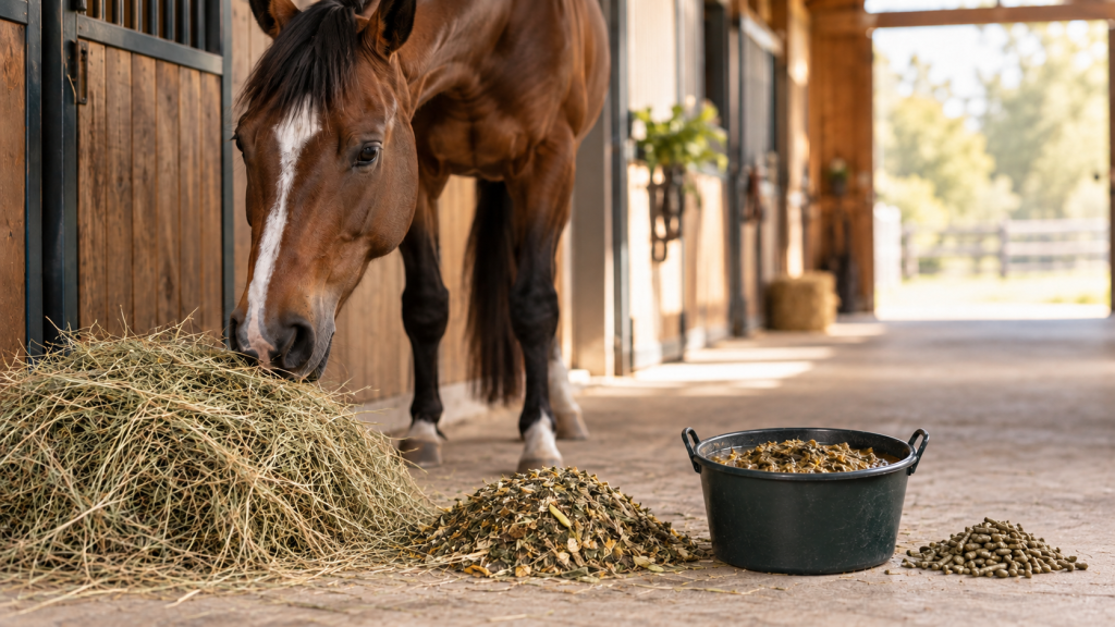 Paard dat van de grond eet met verschillende soorten ruwvoer