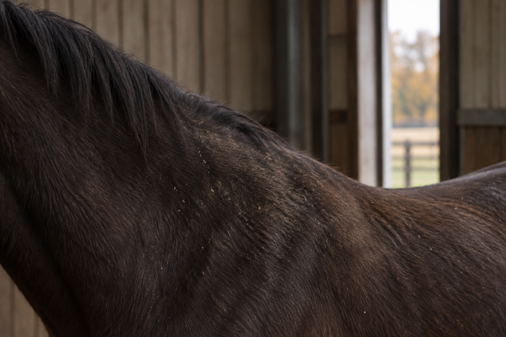 Doffe vacht op de hals van een donker paard.