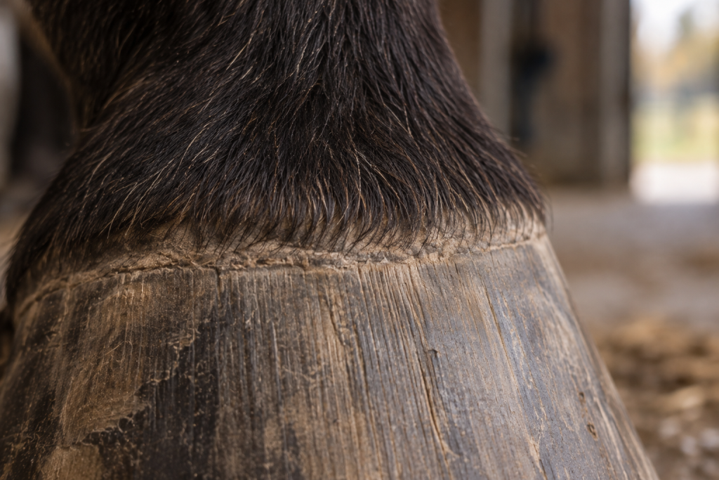 Close-up van de kroonrand van een paardenhoef, waar nieuwe hoefhoorn wordt gevormd.